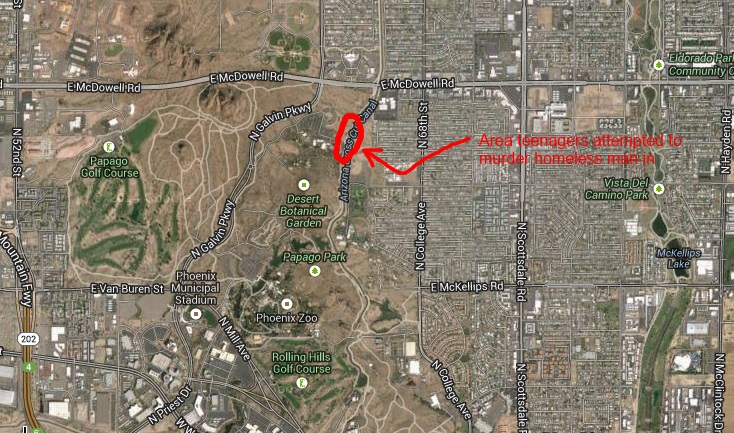 A big map of where the teenagers or young adults tried to murder a homeless man in Papago Park in Phoenix, which is on the border of Scottsdale