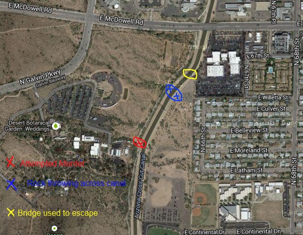 A big map of where the teenagers or young adults tried to murder a homeless man in Papago Park in Phoenix, which is on the border of Scottsdale